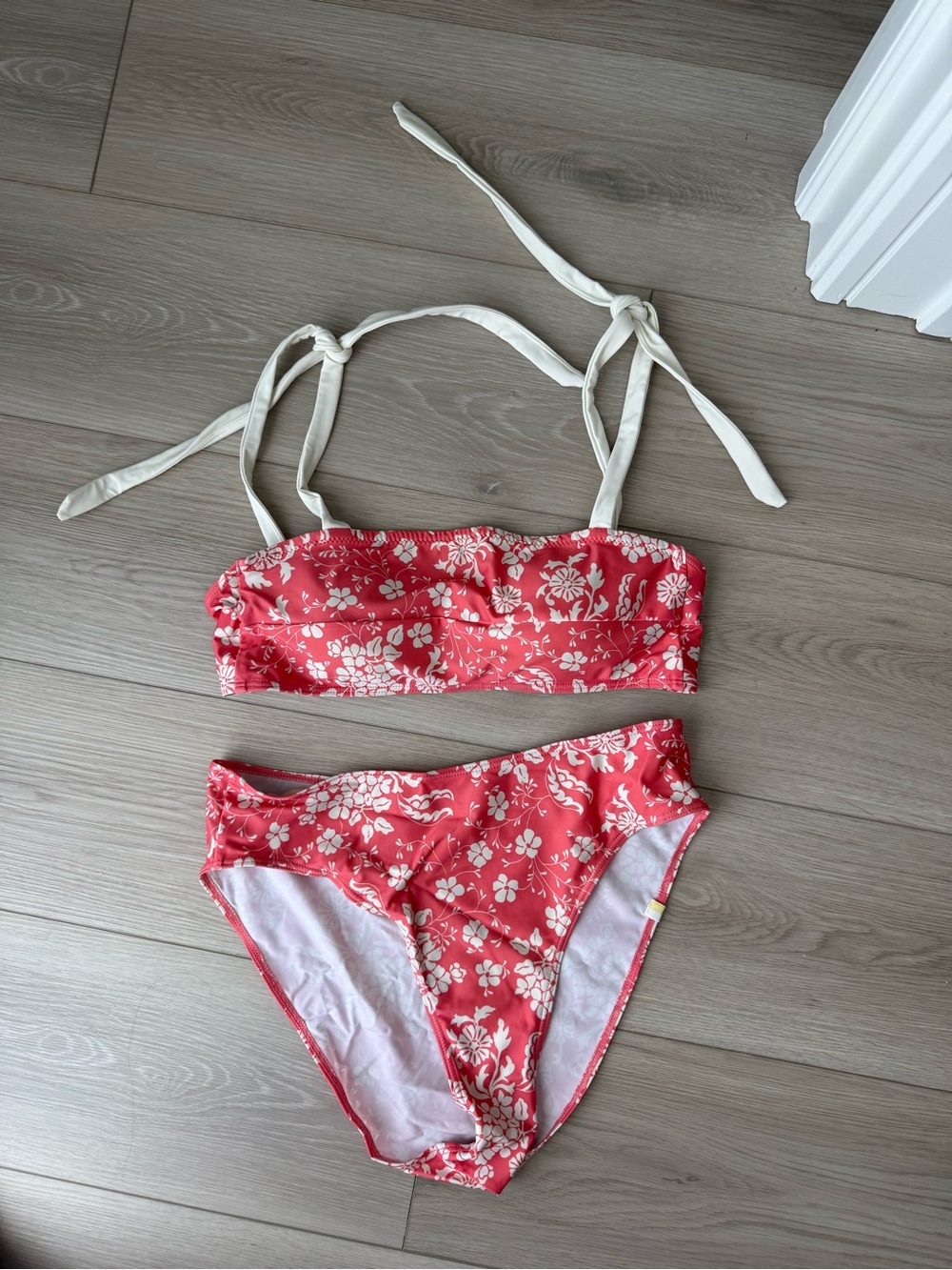 summersalt Red Floral Bandeau Bikini with Cream Ties